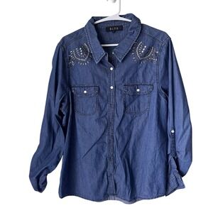 B.L.E.U. Womens Blue Denim Studded Western Button Down Chambray Shirt XL